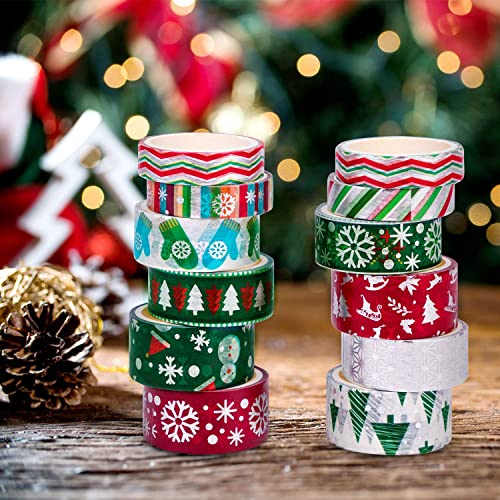 Коледна Лента Васи - 12 Ролки Празнични Ленти Васи 3 Размера, Червено-Зелена Коледа тиксо, тиксо от Сребърно Фолио, Асортимент