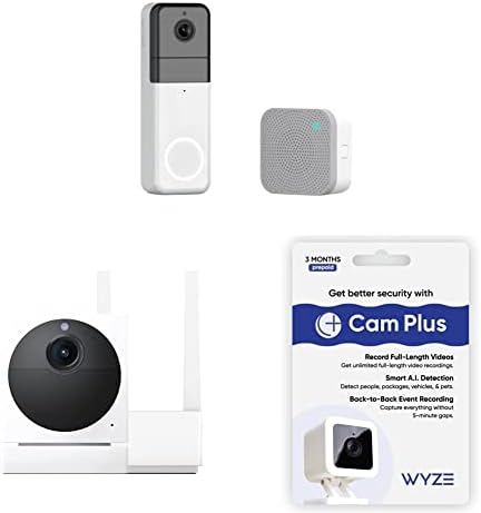 Безжични видео домофон WYZE Pro (разговор в комплекта) и набор от Cam Outdoor за Начинаещи Пакет v2 (включва базова станция и 1 камера) и абонамент Cam Plus 3 месеца (опаковка може д