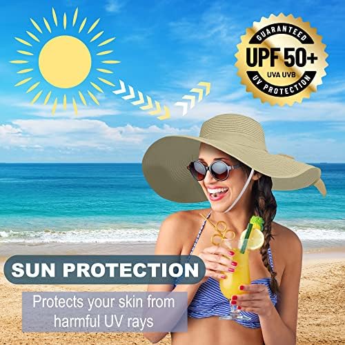 Дамска Сламена Шапка от Слънцето с Широка Периферия UPF 50 +, Шапка със защита от ултравиолетови лъчи с Лък, Сгъваема Плажна Шапка с каишка за брадичката