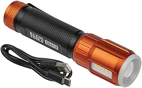 Klein Tools 56412 Акумулаторна батерия Led Фенерче с работна подсветка, 500 Лумена, USB-Кабел за зареждане, Джобен скоба, Индикатор
