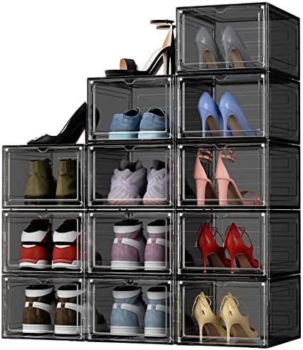 iBune 12 Опаковки Чекмеджето на Предните Кутии за съхранение на обувки, Прозрачен Пластмасов Органайзер за обувки в гардероба, Лесен монтаж, Штабелируемые Сгъваеми Ко
