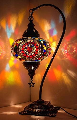 DEMMEX Турска Марокански Настолна Нощни лампи, Ръчно изработени от Цветни Мозайки Гъши Врат, Лампион с Корпус от Антични Месинг (Multicolor2)
