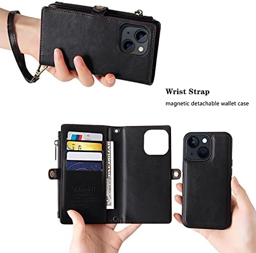 Чанта-портфейл MInCYB, съвместим с iPhone 13 Pro, калъф с цип с отделение за карти с RFID заключване, магнитен подвижна портфейл с цип